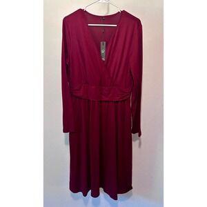 OUGES Womens Burgundy Long Sleeve Faux Wrap V-Neck Midi Dress w/Pockets XL NWT